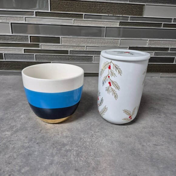 Davids Tea Mugs Blue Stripe and White with Gold Boughs and Red Berries and Lid - Picture 4 of 11